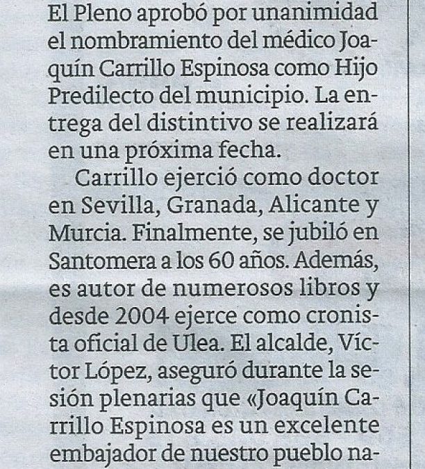  JOAQUÍN CARRILLO ESPINOSA, Hijo Predilecto de Ulea.